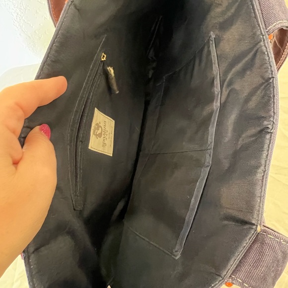 Spartina 449 Navy Blue Floral‎ 17” X 11” Orange Tan Purse Handbag - Picture 5 of 7